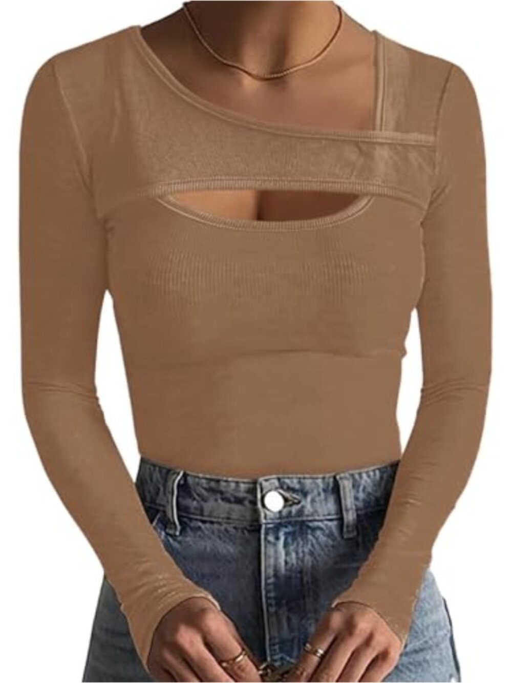 Womens Long Sleeve Cutout Ribbed Knit Fitted Blouse
